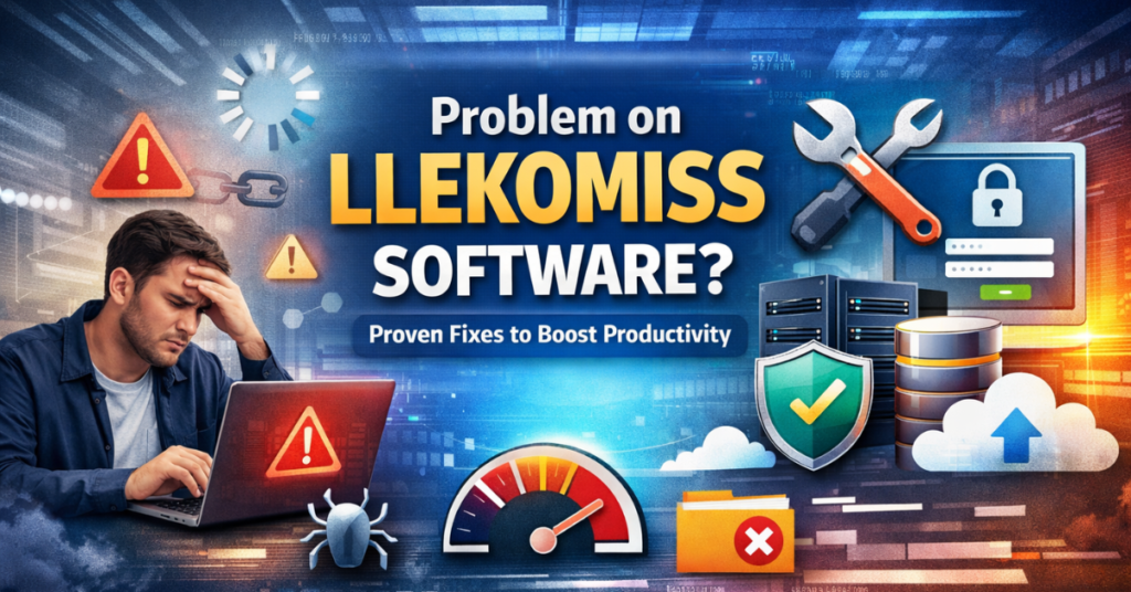 Problem on Llekomiss software illustrated with error screens, system alerts, and IT troubleshooting elements showing software issues and proven fixes.