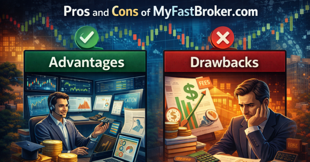 Pros and Cons of MyFastBroker .com feature image showing advantages and drawbacks of the trading and investment platform.