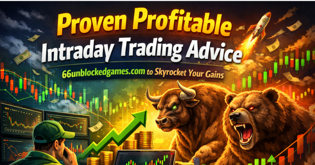 Profitable Intraday Trading Advice 66unblockedgames.com feature image showing stock charts, bull and bear market symbols, and rising profit graph.