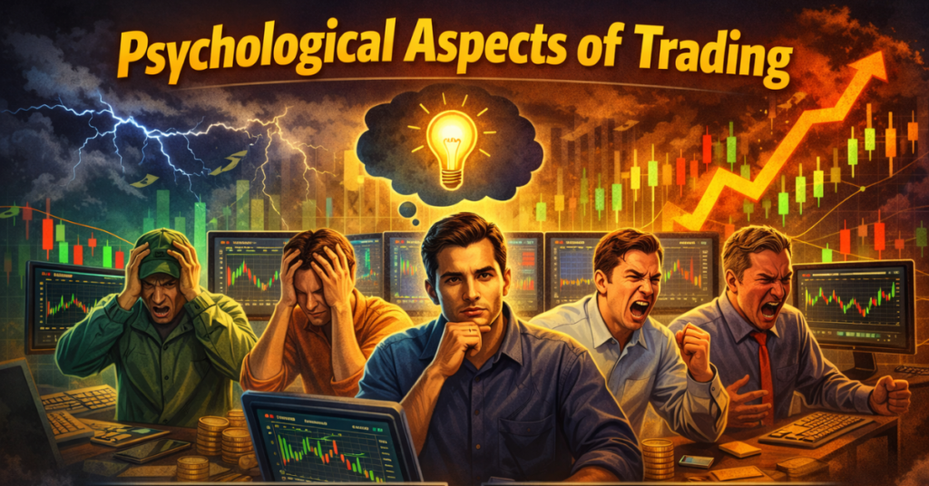 Psychological Aspects of Trading feature image showing calm trader controlling emotions amid stressed traders and market charts.