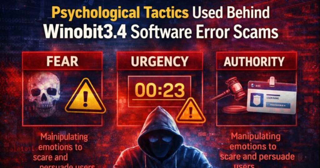 Psychological tactics behind Winobit3.4 scam alerts showing fear, urgency, and authority used to manipulate users.