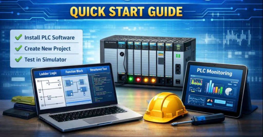 PLC programming quick start guide illustration showing PLC software on laptop, ladder logic, function block, structured text, virtual PLC simulator, monitoring dashboard, and industrial automation setup in 16:9 format.