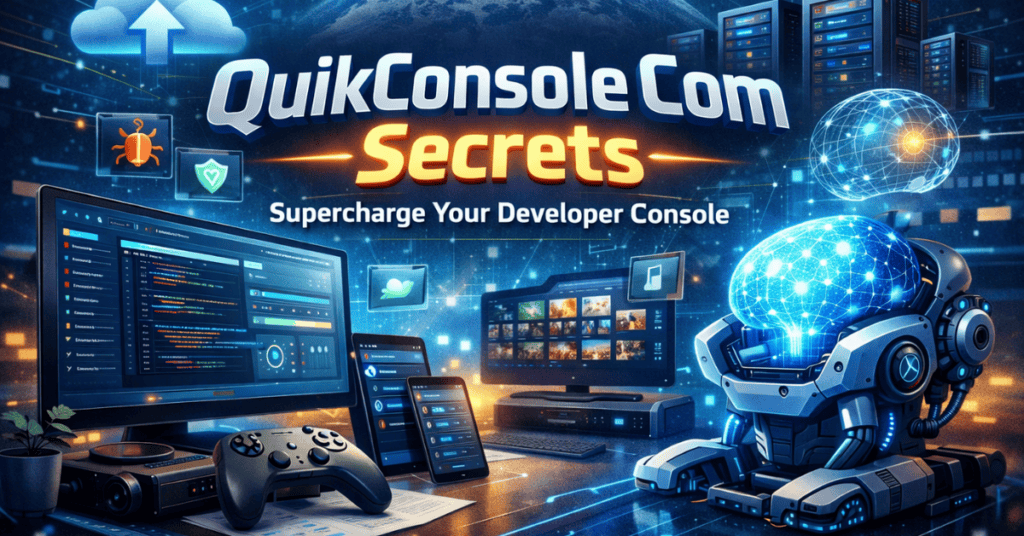 QuikConsole.com AI-powered developer console feature image showing real-time analytics dashboard, cloud integration, smart device management, and automated workflows for developers and entertainment systems.