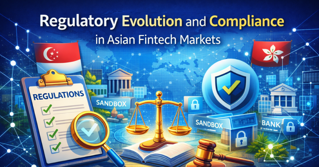 Regulatory evolution and compliance in Asian fintech markets showing digital banking regulations, sandbox frameworks, and secure financial innovation across Asia.