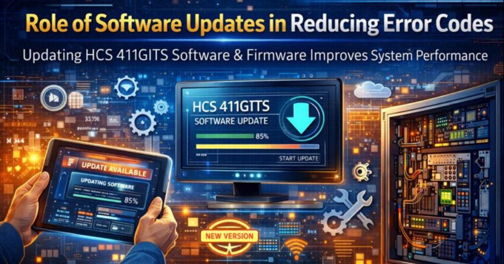 Role of Software Updates in Reducing Error Codes: Technician monitoring a system update on a futuristic dashboard with progress bars, firmware upgrade icons, and resolved error codes in a high-tech interface.