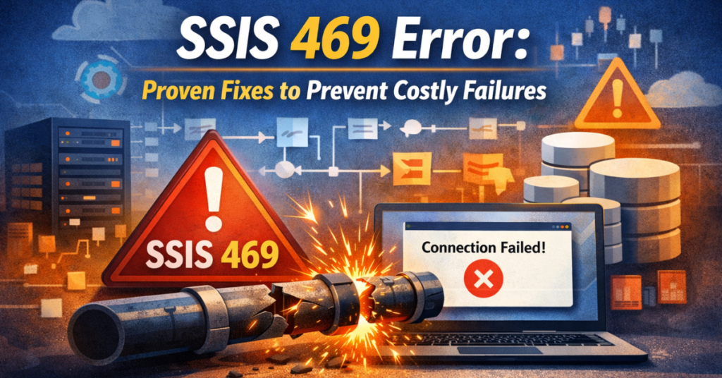 Illustration showing SSIS 469 error with a broken data pipeline, warning signs, and a laptop displaying 'Connection Failed', representing ETL failure and troubleshooting in SQL Server Integration Services.
