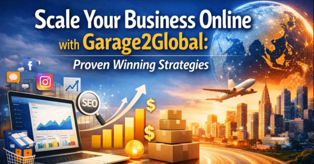 Feature image illustrating digital growth and global business expansion to Scale Your Business Online with Garage2Global, showing analytics, e-commerce, and social media elements.