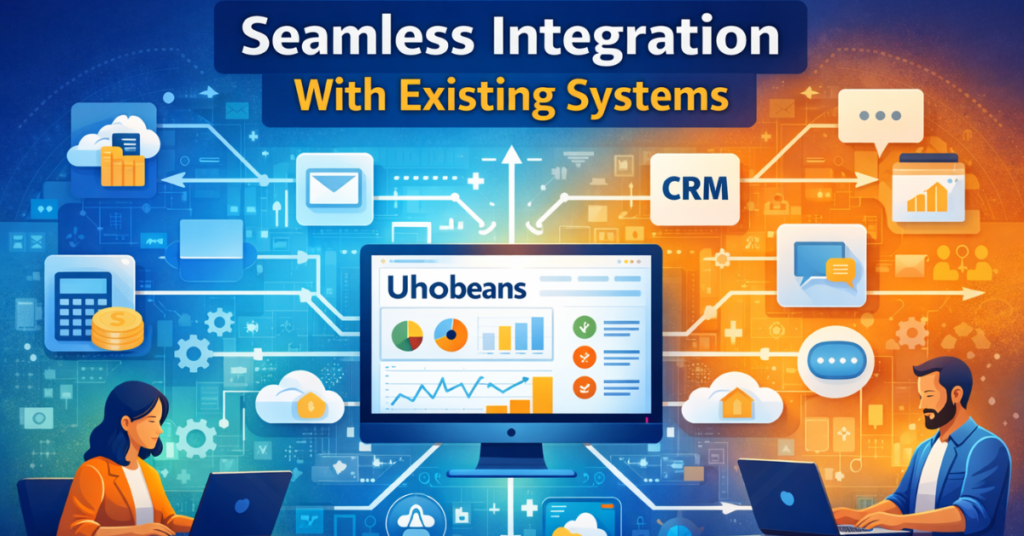 Seamless integration with existing systems using Uhoebeans software, showing connected CRM, accounting, email, and business tools on a unified dashboard.