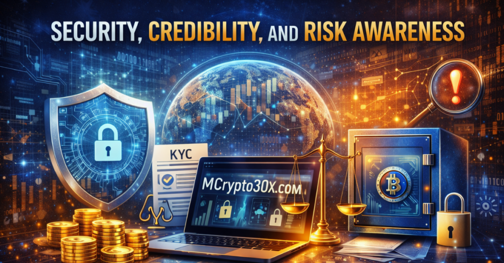 MCrypto30x.com security and risk awareness feature image with digital wallets, encryption shields, KYC documents, Bitcoin safe, and financial charts representing crypto credibility and protection.