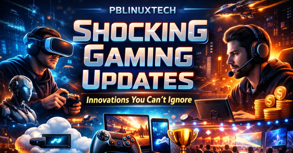 Gaming Updates Pblinuxtech featured image showing futuristic gaming innovations, VR gaming, cloud gaming, esports competition, AI-powered gameplay, and next-gen gaming technology in a 16:9 layout