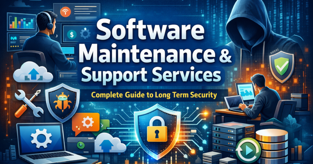Feature image illustrating Software Maintenance and Support Services with IT professionals monitoring systems, security icons, cloud computing, and network infrastructure.