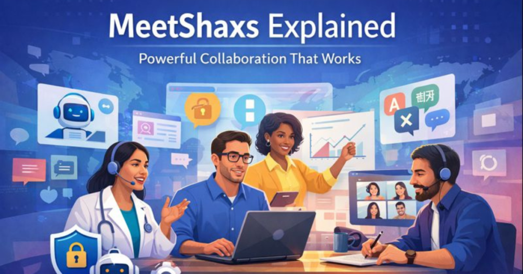 Software Name MeetShaxs virtual collaboration platform showing secure video meetings, AI-powered teamwork, and remote productivity in a modern digital workspace.
