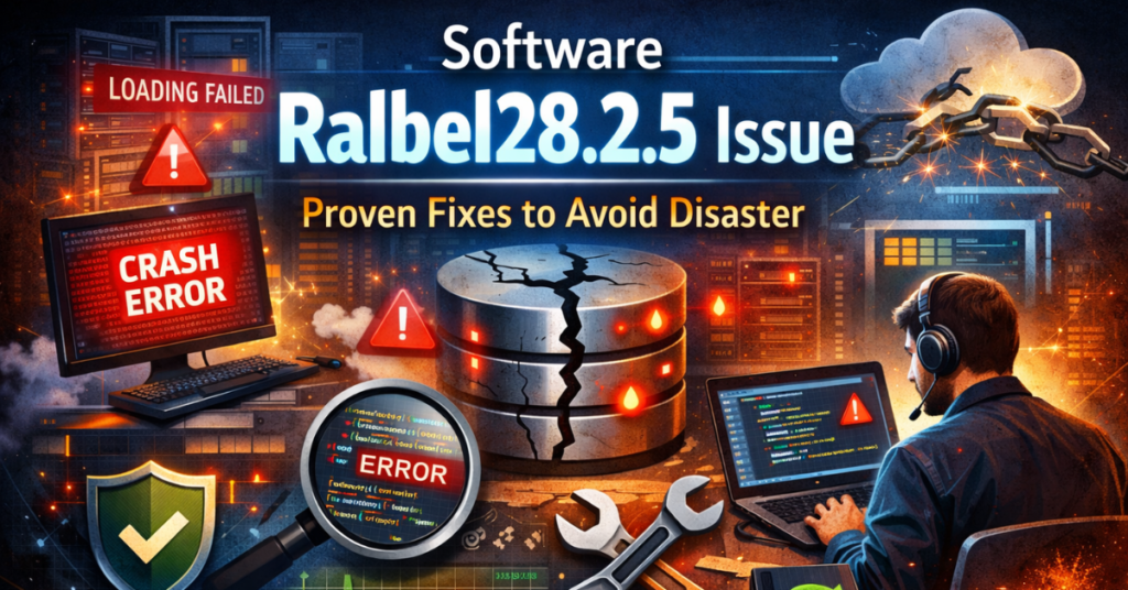 Software Ralbel28.2.5 Issue showing system crash errors, database failure, and IT troubleshooting with proven fixes illustration