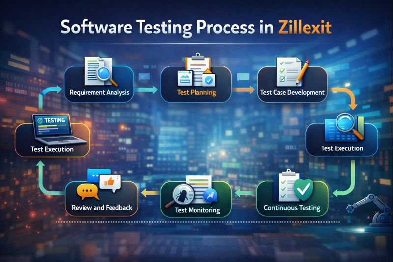 Software Testing Process in Zillexit showing requirement analysis, test planning, test case development, test execution, monitoring, review, and continuous testing workflow.