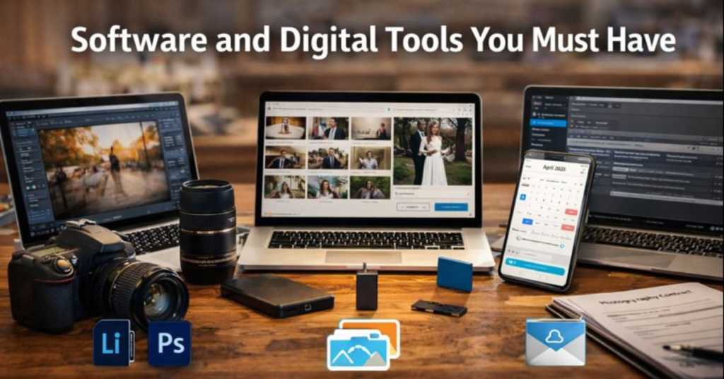Software and digital tools photographers must have, showing photo editing software, online gallery delivery tools, and email booking systems on laptop and mobile devices