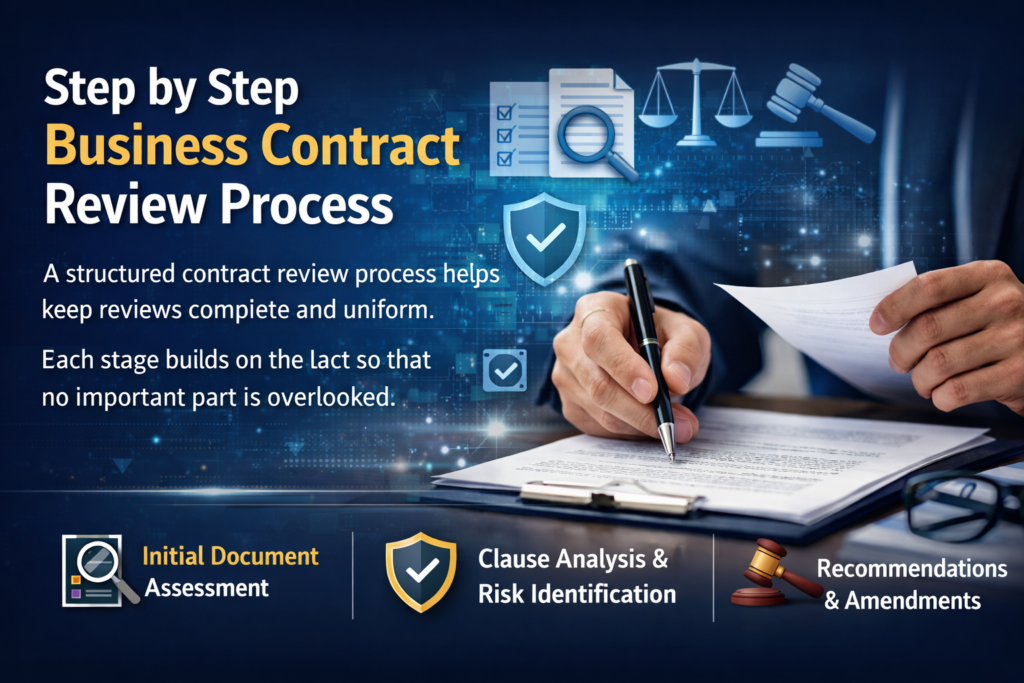 Step by step business contract review process ka feature image jahan aik professional legal contract ko pen ke sath review kar raha hai, sath digital icons jaise document assessment, clause analysis, risk identification aur recommendations ko highlight kiya gaya hai.