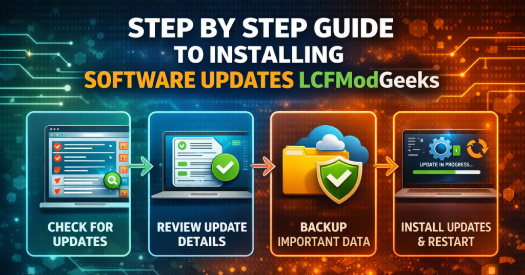 Illustration of a laptop showing software update progress, checklists, and backup icons, representing a step by step guide to installing Software Updates LCFModGeeks safely.