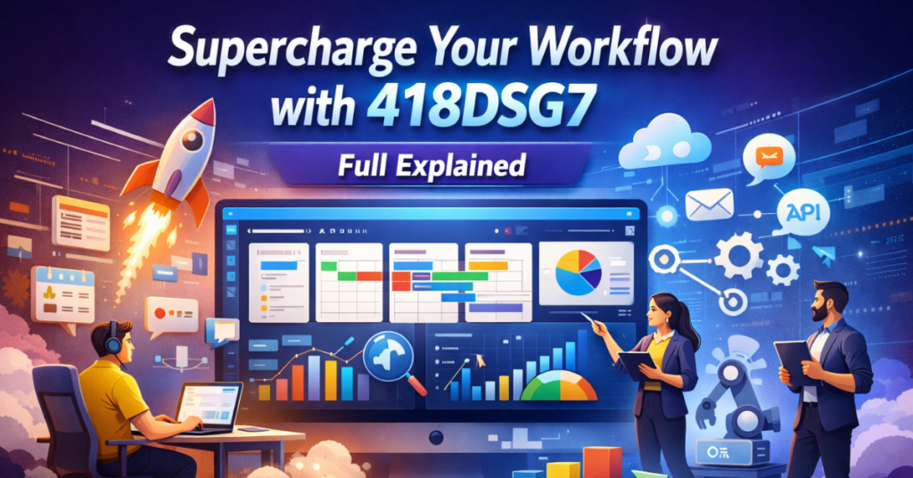 New Software 418DSG7 dashboard showing task management, workflow automation, real-time analytics, and team collaboration in a modern 16:9 interface.