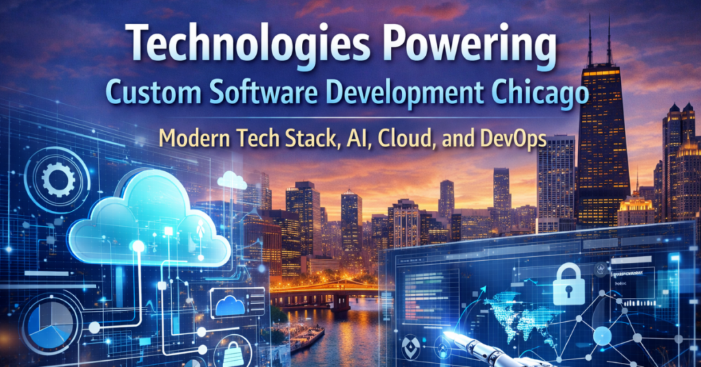 Technologies powering Custom Software Development Chicago with cloud computing, AI analytics, DevOps dashboards, and Chicago skyline.