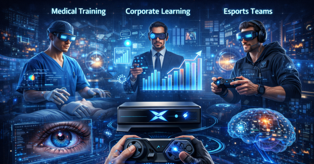 Tommy Jacobs Consoles EyeXcon ecosystem impact showing eye-tracking technology used in medical training, corporate learning, and esports analytics.