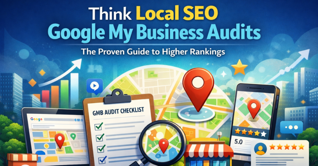 Feature image for article 'Think Local SEO Google My Business Audits: The Proven Guide to Higher Rankings' showing a laptop with GMB dashboard, a checklist, Google Maps pins, a smartphone with map, and a storefront, illustrating local SEO and business optimization
