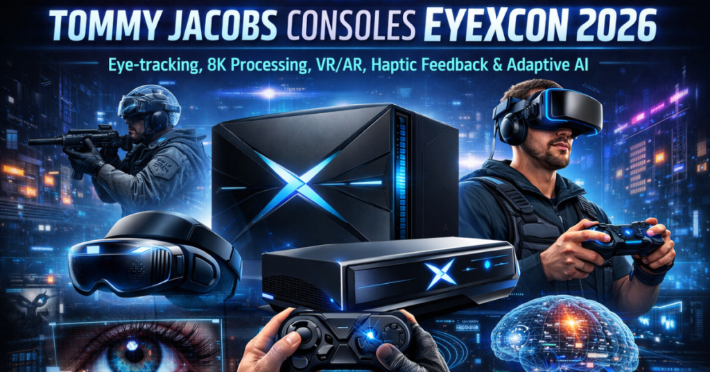 Tommy Jacobs Consoles EyeXcon futuristic gaming console with eye-tracking, VR/AR support, 8K processing and immersive haptic technology.