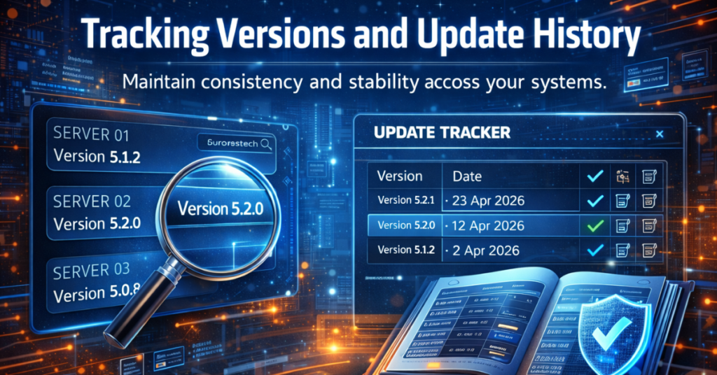 Durostech software updates version tracking dashboard showing update history, server versions, and documented change logs.