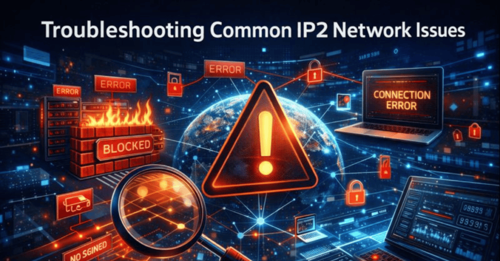 Troubleshooting IP2 Network issues showing blocked firewall, connection errors, and P2P network diagnostics
