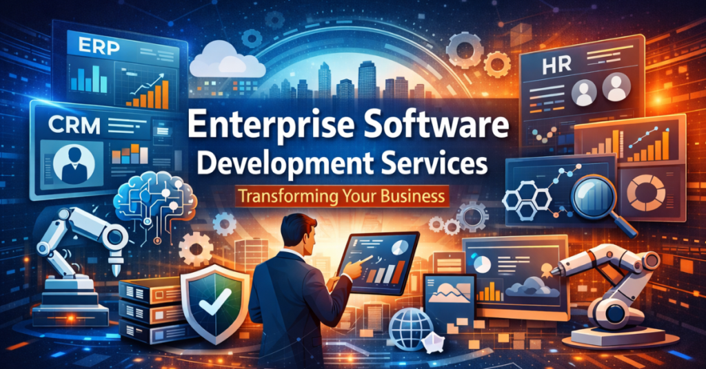 Enterprise Software Development Services concept with ERP, CRM, HR, AI, and cloud technology visualizations, showing business transformation and modern digital workflows.