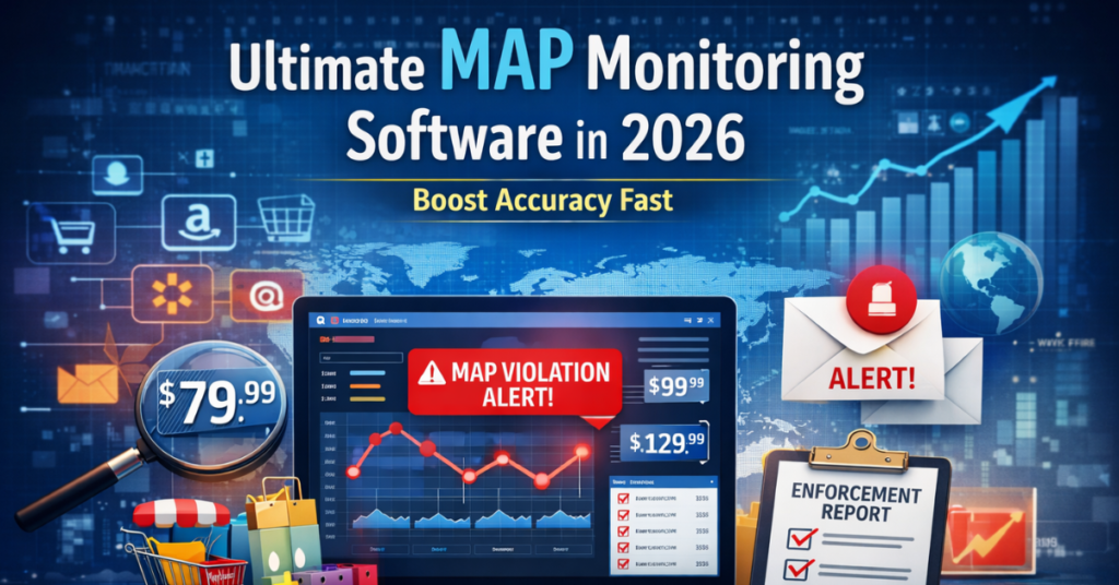 Feature image showing MAP Monitoring Software dashboard with price violation alerts, marketplace tracking, and brand protection analytics in 2026.