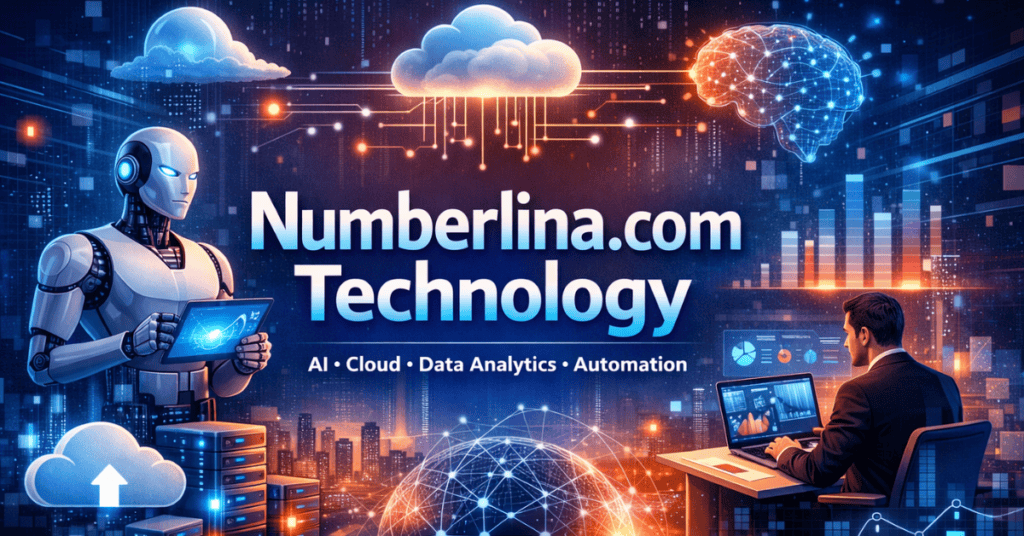 Numberlina.com Technology feature image showcasing AI, Machine Learning, Cloud Computing, and Data Analytics with futuristic digital visuals, workflow automation icons, and a business professional analyzing data.