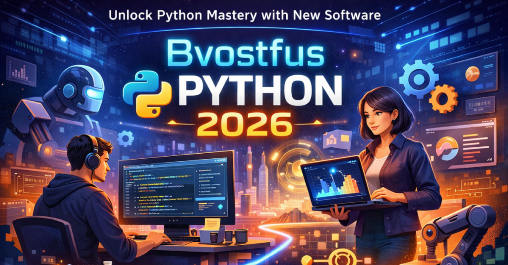 "SSIS 469New Software Bvostfus Python feature image showing coders using Python IDE, AI-assisted coding, and data visualization tools in a futuristic workspace."