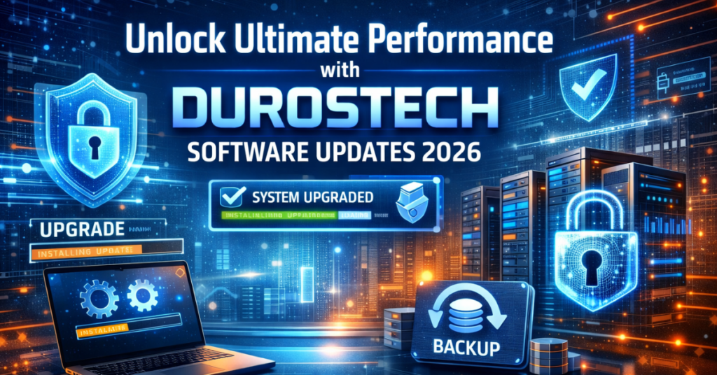 Durostech software updates 2026 dashboard showing performance, security, and system optimization.