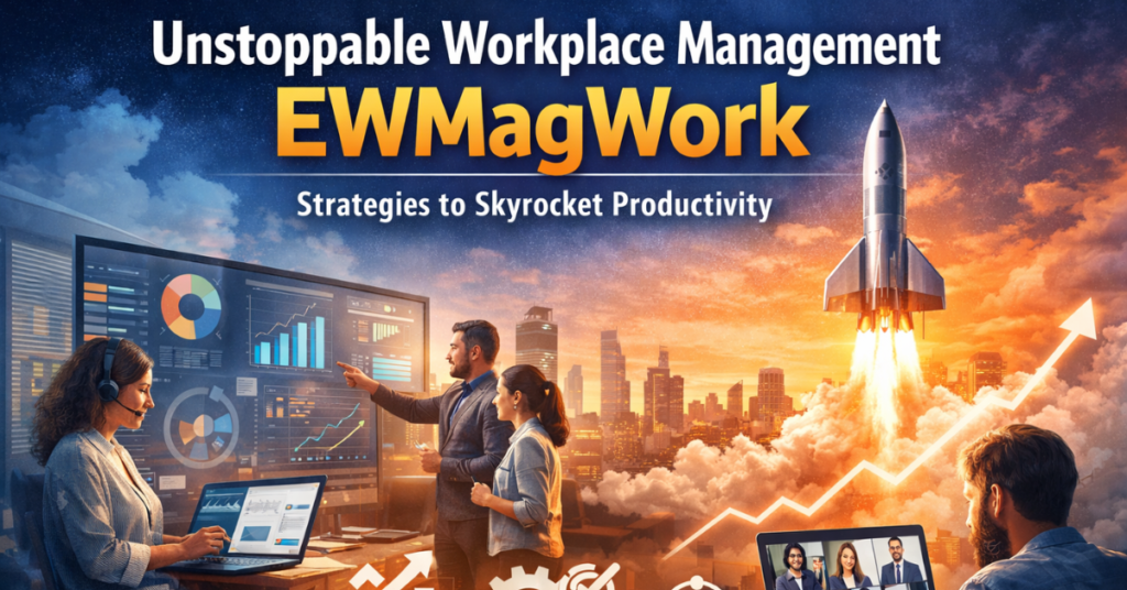 Modern office scene showing hybrid teamwork with laptops, digital dashboards, and video calls, illustrating workplace management EWMagWork strategies for boosting productivity.
