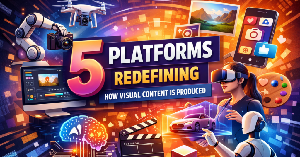 Illustration showing ‘5 Platforms Redefining How Visual Content Is Produced’, featuring AI tools, video editing software, drones, VR headset, social media icons, digital art, and modern content creation technologies in a colorful futuristic design.