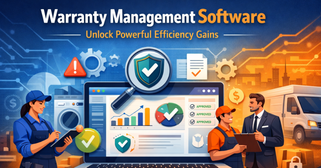 Warranty Management Software dashboard showing automated claims processing, warranty tracking, analytics reports, and service management for improved efficiency.
