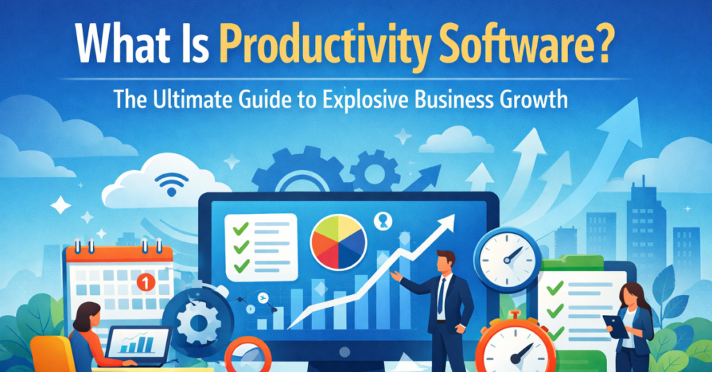 What Is Productivity Software – modern business productivity tools, teamwork, analytics dashboards, and workflow automation illustration