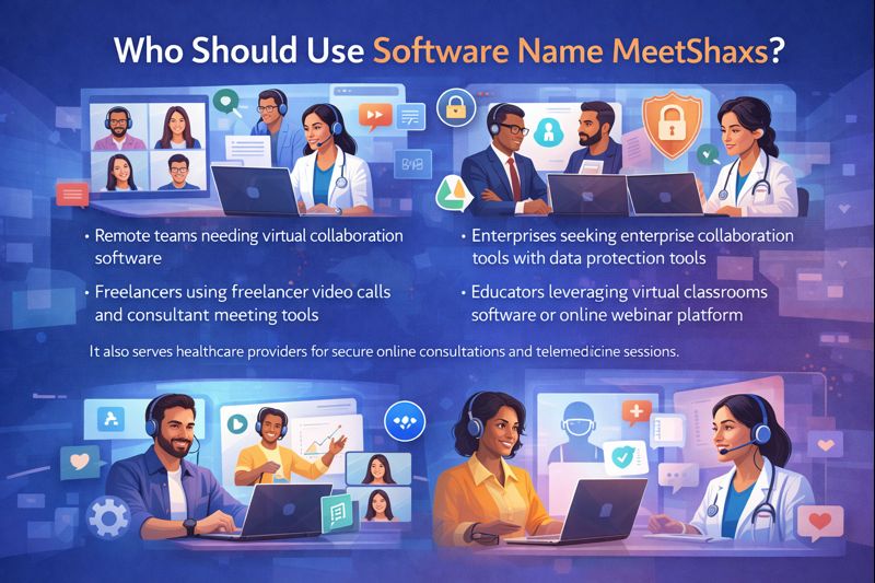 Software Name MeetShaxs collaboration platform used by remote teams, enterprises, freelancers, educators, and healthcare professionals for secure online meetings and virtual collaboration.