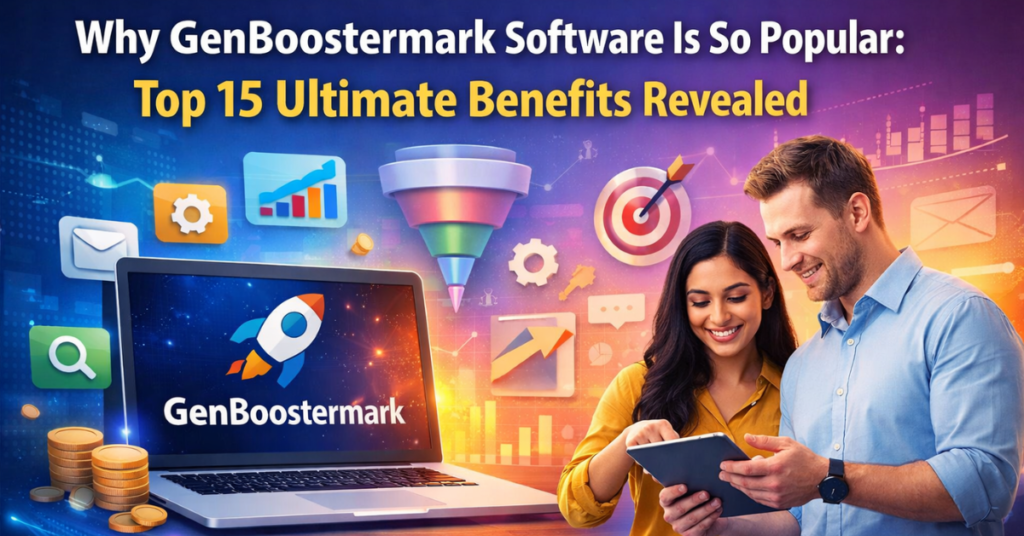 Why GenBoostermark Software Is So Popular – modern marketing automation dashboard showing growth analytics, AI tools, and campaign performance.