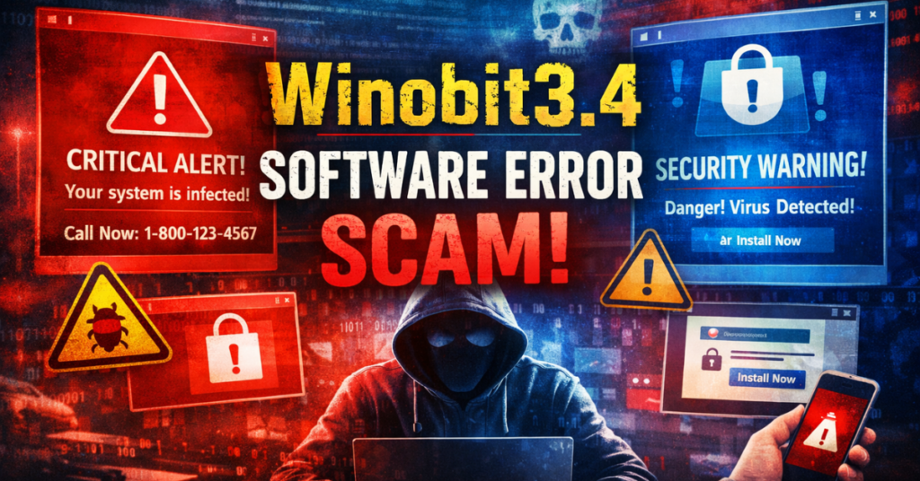 Winobit3.4 software error scam warning illustration showing fake virus alerts, security pop ups, and online tech support fraud concept