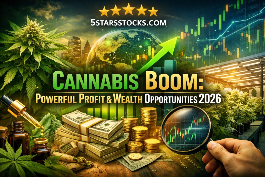 5starsstocks.com Cannabis investment boom 2026 showing cannabis plants, stock market growth charts, and wealth opportunities