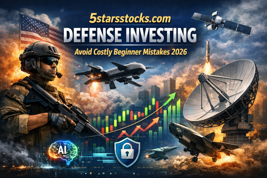 Illustration showing stock charts, military technology, and cybersecurity icons representing 5starsstocks.com Defense Investing for smart beginner strategies.