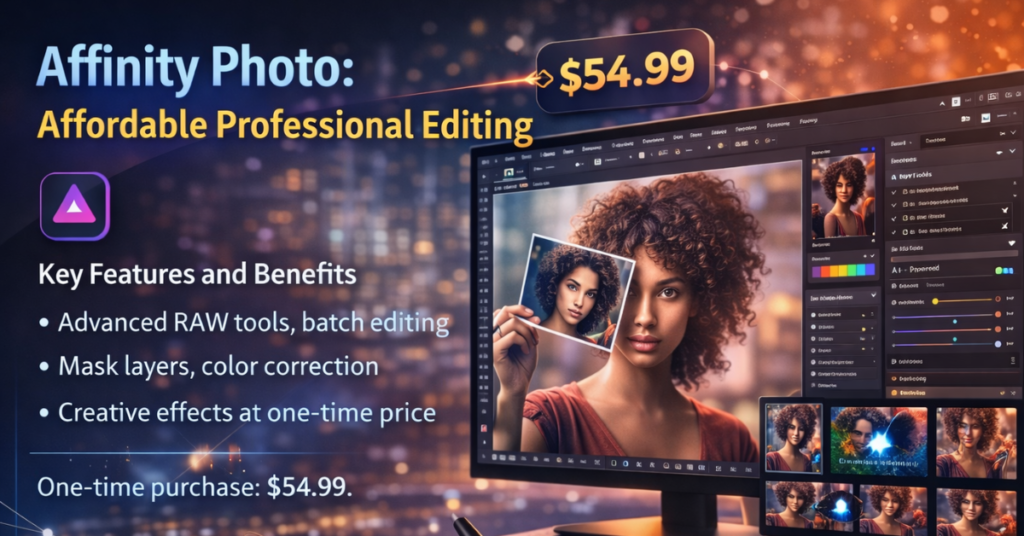 Workspace displaying Affinity Photo for Professional Photo Editing Software, featuring RAW editing, masking, color correction, and creative effects at an affordable price.