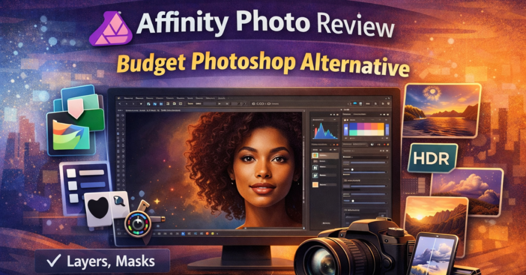 Affinity Photo Review feature image showing a computer screen with Affinity Photo interface, layers, masks, HDR editing, panorama tools, camera, and smartphone, highlighting it as a budget Photoshop alternative.