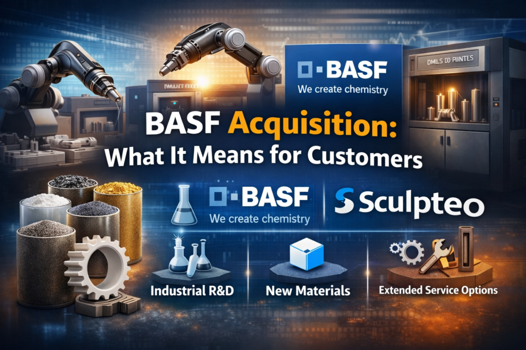 BASF acquisition of Sculpteo 3D printing service, showing industrial 3D printers, new 3D printing materials, robotic arms, and icons for R&D, new materials, and extended services in a high-tech lab.