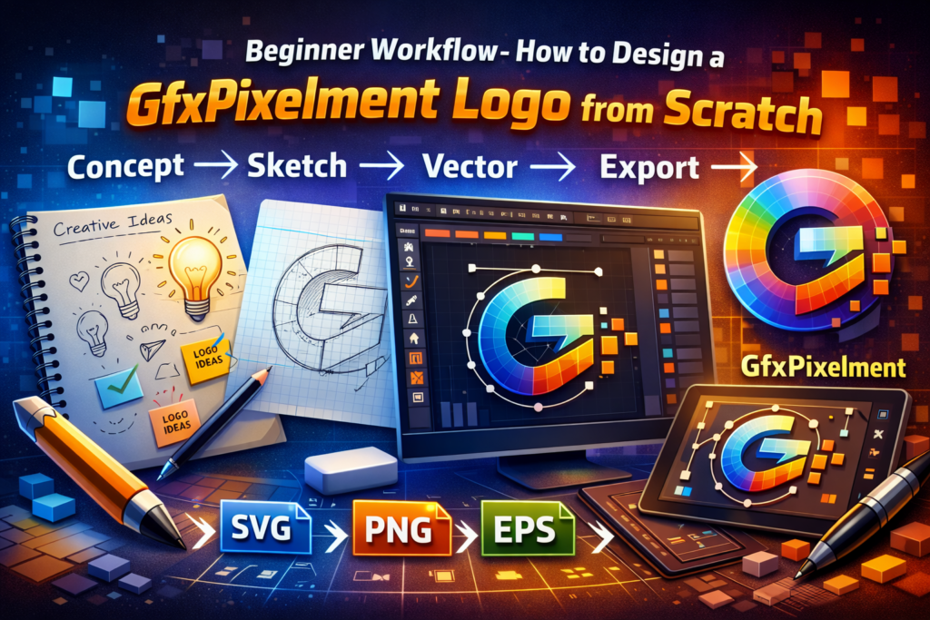 Beginner workflow showing how to design a GfxPixelment logo from scratch, from concept and sketch to vector design and final export