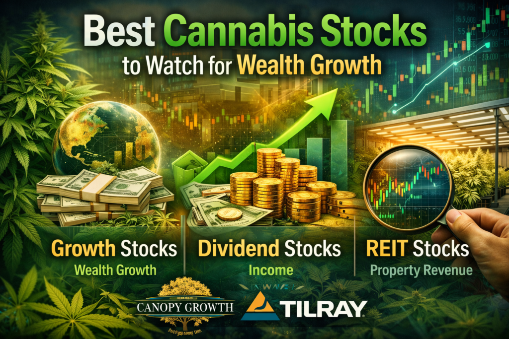 5starsstocks.com Cannabis best stocks to watch for wealth growth showing growth, dividend, and REIT stock categories with cannabis plants and financial charts
