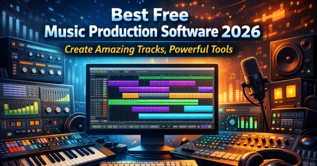 Creative digital music studio setup showcasing DAW interface, MIDI keyboard, and virtual instruments, perfect for Best Free Music Production Software article.