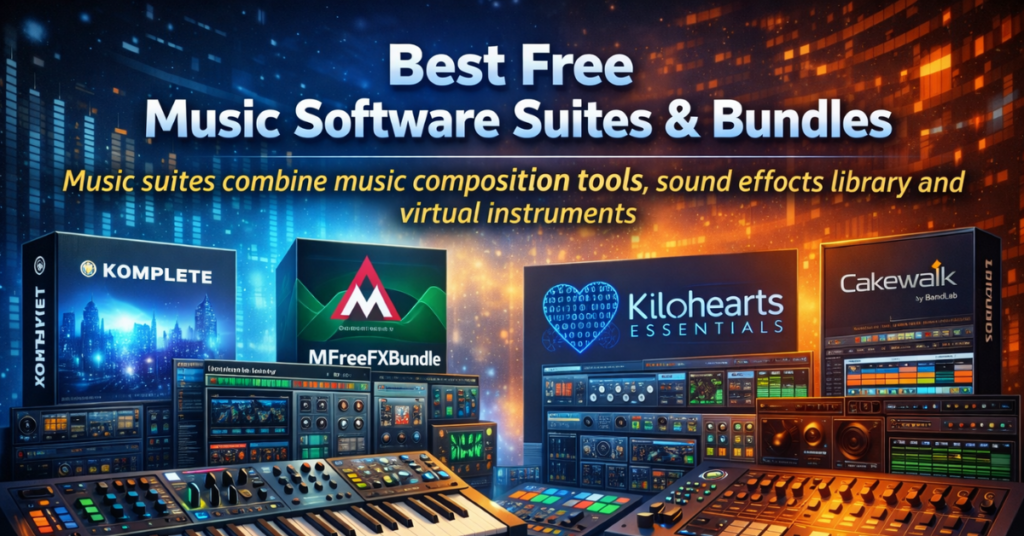 Creative digital music studio setup showcasing DAW interface, MIDI keyboard, and virtual instruments, perfect for Best Free Music Production Software article.