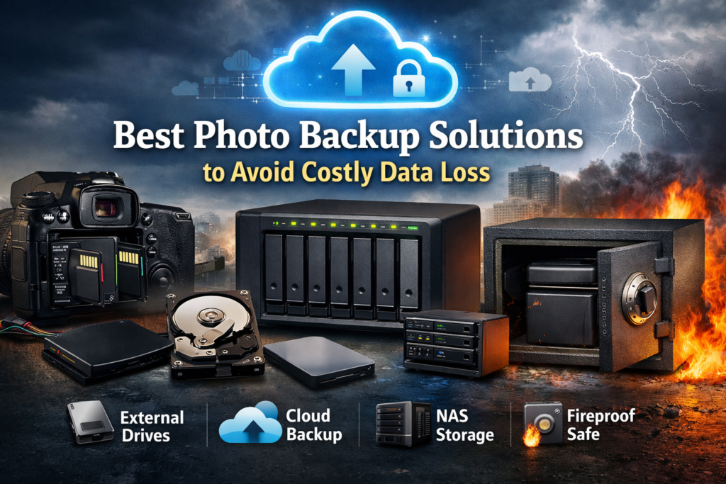 Best Photo Backup Solutions showing secure cloud storage, external hard drives, NAS systems, and data protection workflow for photographers.